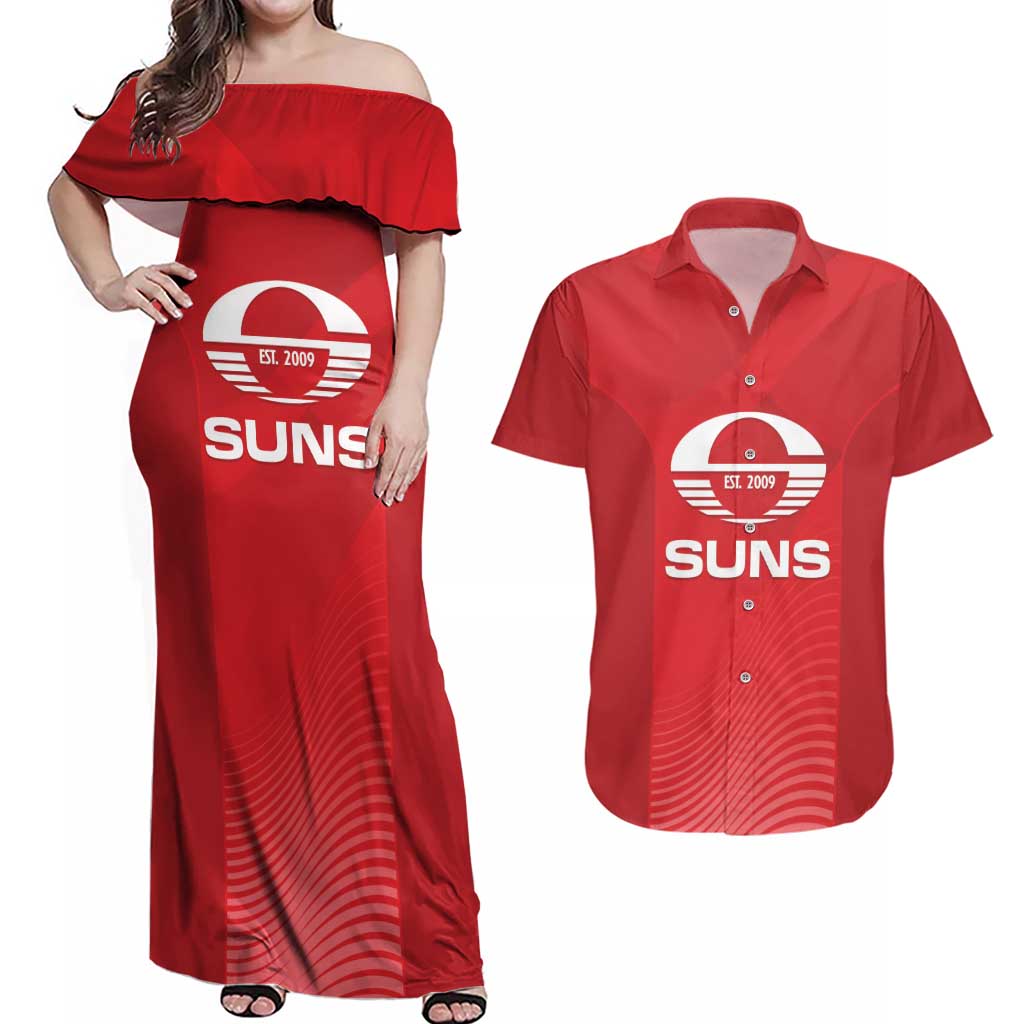 Suns Football Custom Couples Matching Off Shoulder Maxi Dress and Hawaiian Shirt Gold Coast Est 2009 Deep Red - Aussie Hoodie