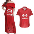 Suns Football Custom Couples Matching Off Shoulder Maxi Dress and Hawaiian Shirt Gold Coast Est 2009 Deep Red - Aussie Hoodie