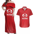 Suns Football Custom Couples Matching Off Shoulder Maxi Dress and Hawaiian Shirt Gold Coast Est 2009 Deep Red - Aussie Hoodie