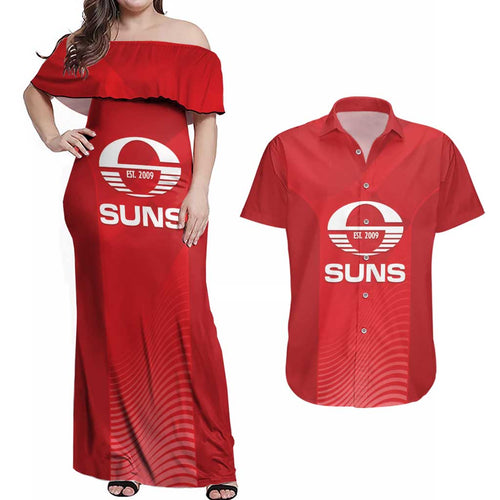 Suns Football Custom Couples Matching Off Shoulder Maxi Dress and Hawaiian Shirt Gold Coast Est 2009 Deep Red - Aussie Hoodie
