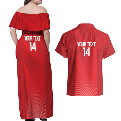 Suns Football Custom Couples Matching Off Shoulder Maxi Dress and Hawaiian Shirt Gold Coast Est 2009 Deep Red - Aussie Hoodie