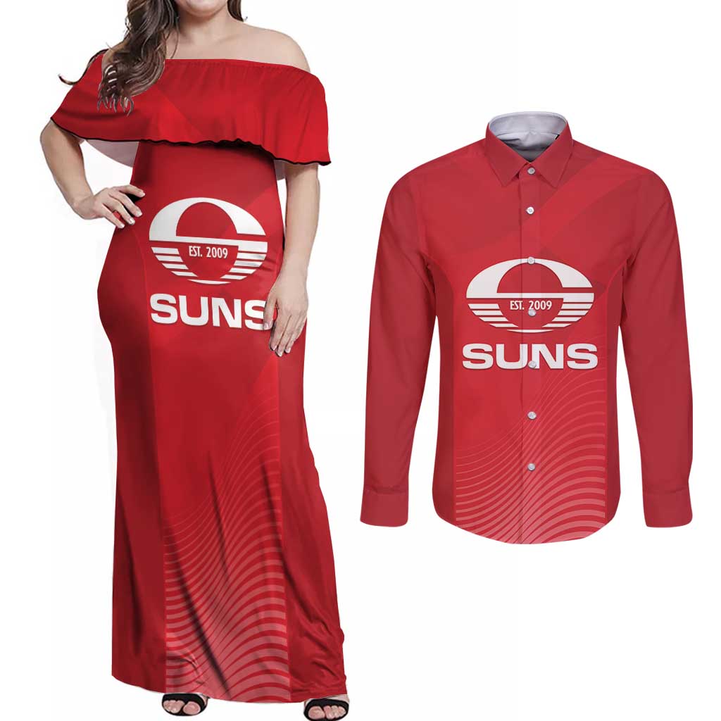 Suns Football Custom Couples Matching Off Shoulder Maxi Dress and Long Sleeve Button Shirt Gold Coast Est 2009 Deep Red - Aussie Hoodie