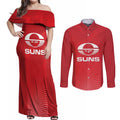 Suns Football Custom Couples Matching Off Shoulder Maxi Dress and Long Sleeve Button Shirt Gold Coast Est 2009 Deep Red - Aussie Hoodie
