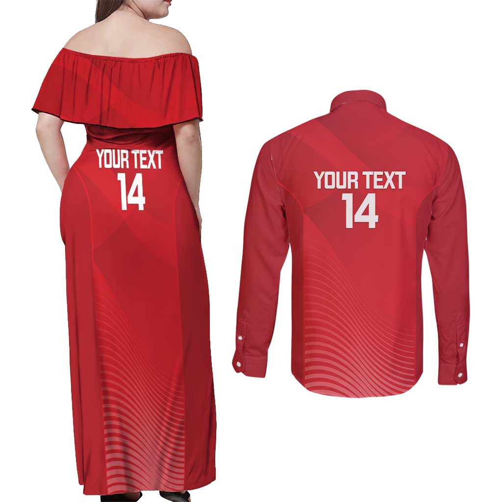 Suns Football Custom Couples Matching Off Shoulder Maxi Dress and Long Sleeve Button Shirt Gold Coast Est 2009 Deep Red - Aussie Hoodie