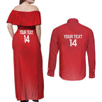 Suns Football Custom Couples Matching Off Shoulder Maxi Dress and Long Sleeve Button Shirt Gold Coast Est 2009 Deep Red - Aussie Hoodie