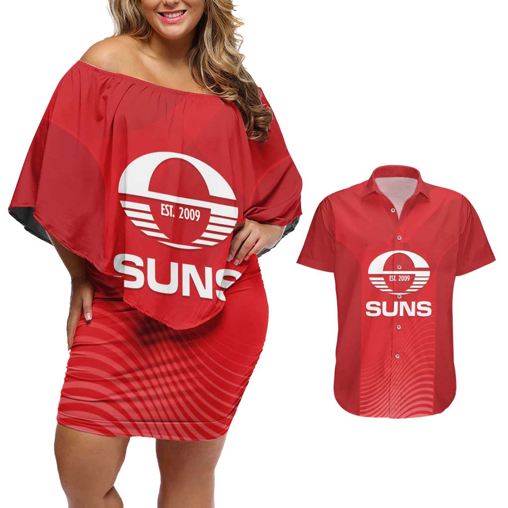 Suns Football Custom Couples Matching Off Shoulder Short Dress and Hawaiian Shirt Gold Coast Est 2009 Deep Red - Aussie Hoodie