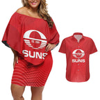 Suns Football Custom Couples Matching Off Shoulder Short Dress and Hawaiian Shirt Gold Coast Est 2009 Deep Red - Aussie Hoodie