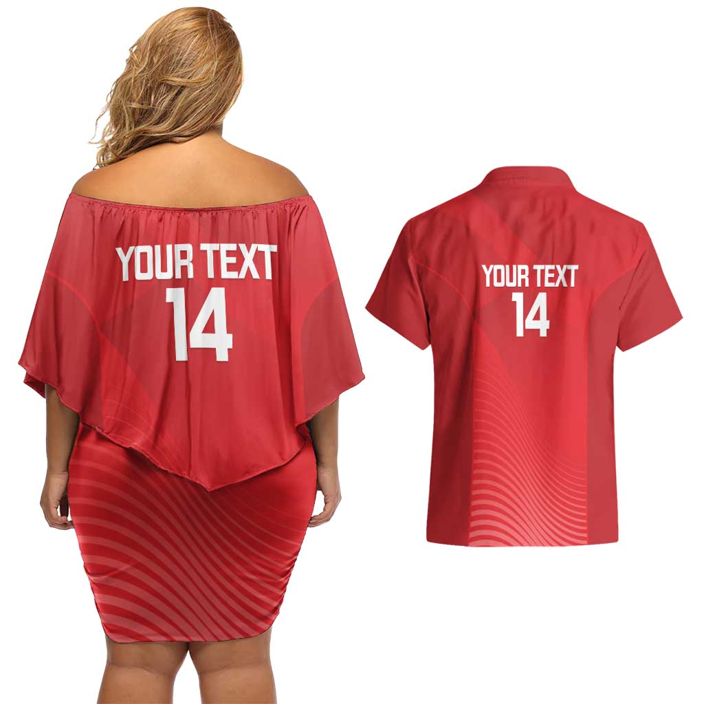 Suns Football Custom Couples Matching Off Shoulder Short Dress and Hawaiian Shirt Gold Coast Est 2009 Deep Red - Aussie Hoodie