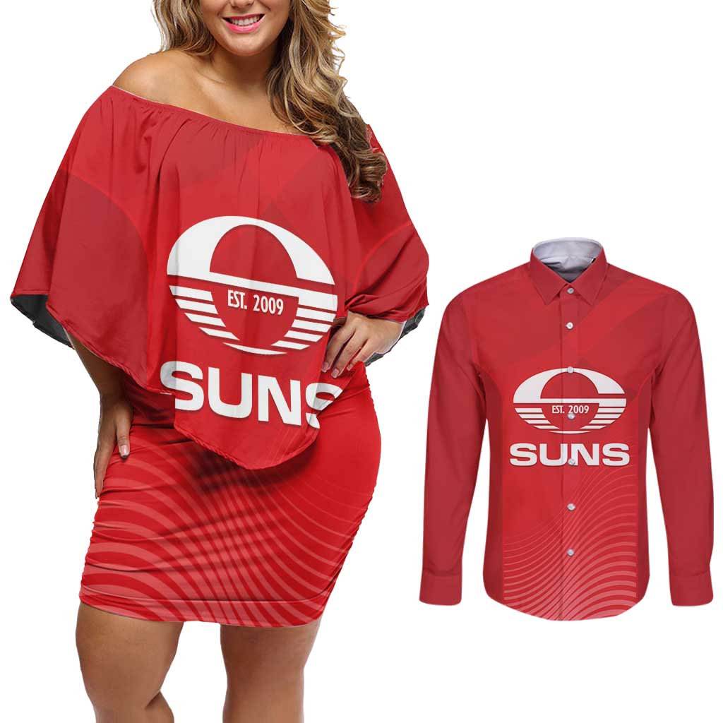 Suns Football Custom Couples Matching Off Shoulder Short Dress and Long Sleeve Button Shirt Gold Coast Est 2009 Deep Red - Aussie Hoodie
