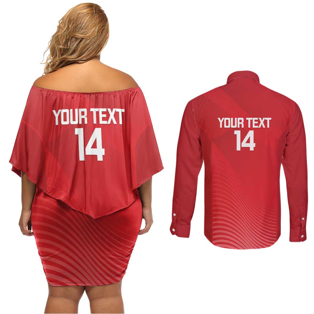 Suns Football Custom Couples Matching Off Shoulder Short Dress and Long Sleeve Button Shirt Gold Coast Est 2009 Deep Red - Aussie Hoodie