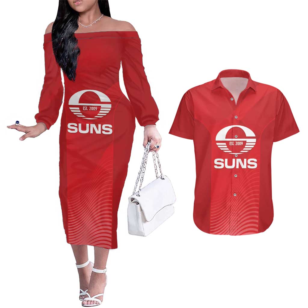 Suns Football Custom Couples Matching Off The Shoulder Long Sleeve Dress and Hawaiian Shirt Gold Coast Est 2009 Deep Red - Aussie Hoodie