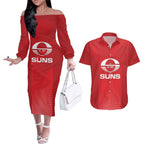 Suns Football Custom Couples Matching Off The Shoulder Long Sleeve Dress and Hawaiian Shirt Gold Coast Est 2009 Deep Red - Aussie Hoodie