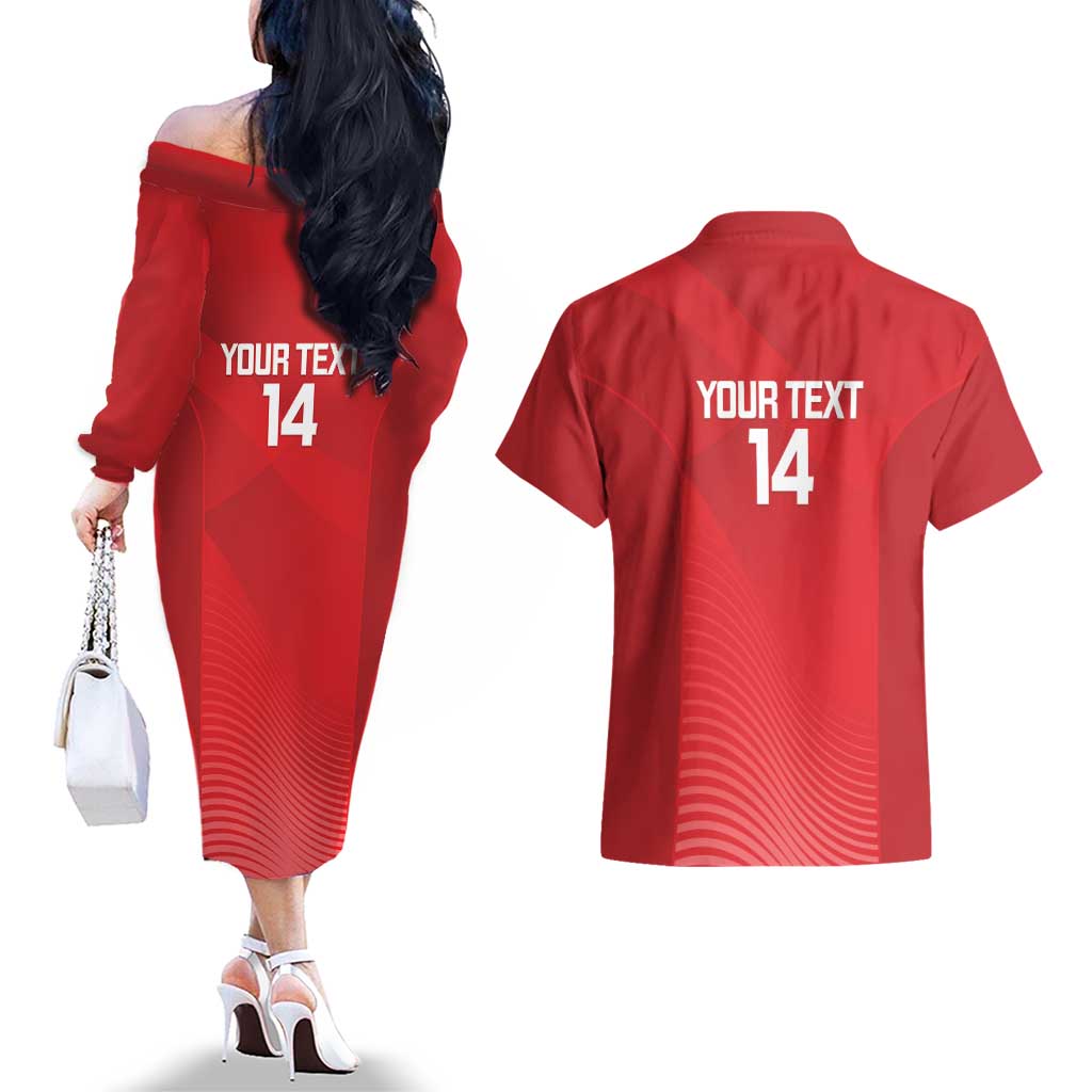 Suns Football Custom Couples Matching Off The Shoulder Long Sleeve Dress and Hawaiian Shirt Gold Coast Est 2009 Deep Red - Aussie Hoodie
