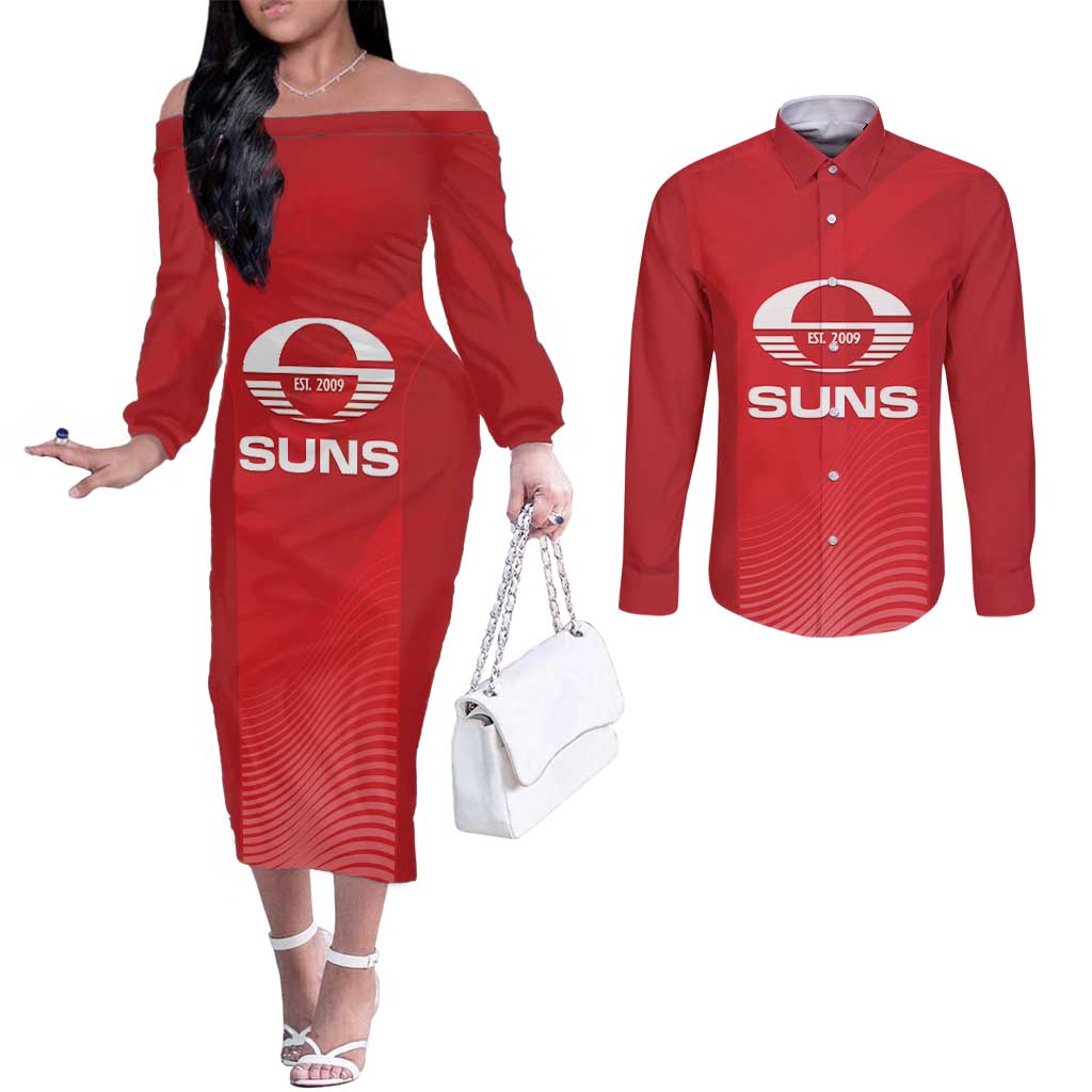 Suns Football Custom Couples Matching Off The Shoulder Long Sleeve Dress and Long Sleeve Button Shirt Gold Coast Est 2009 Deep Red - Aussie Hoodie