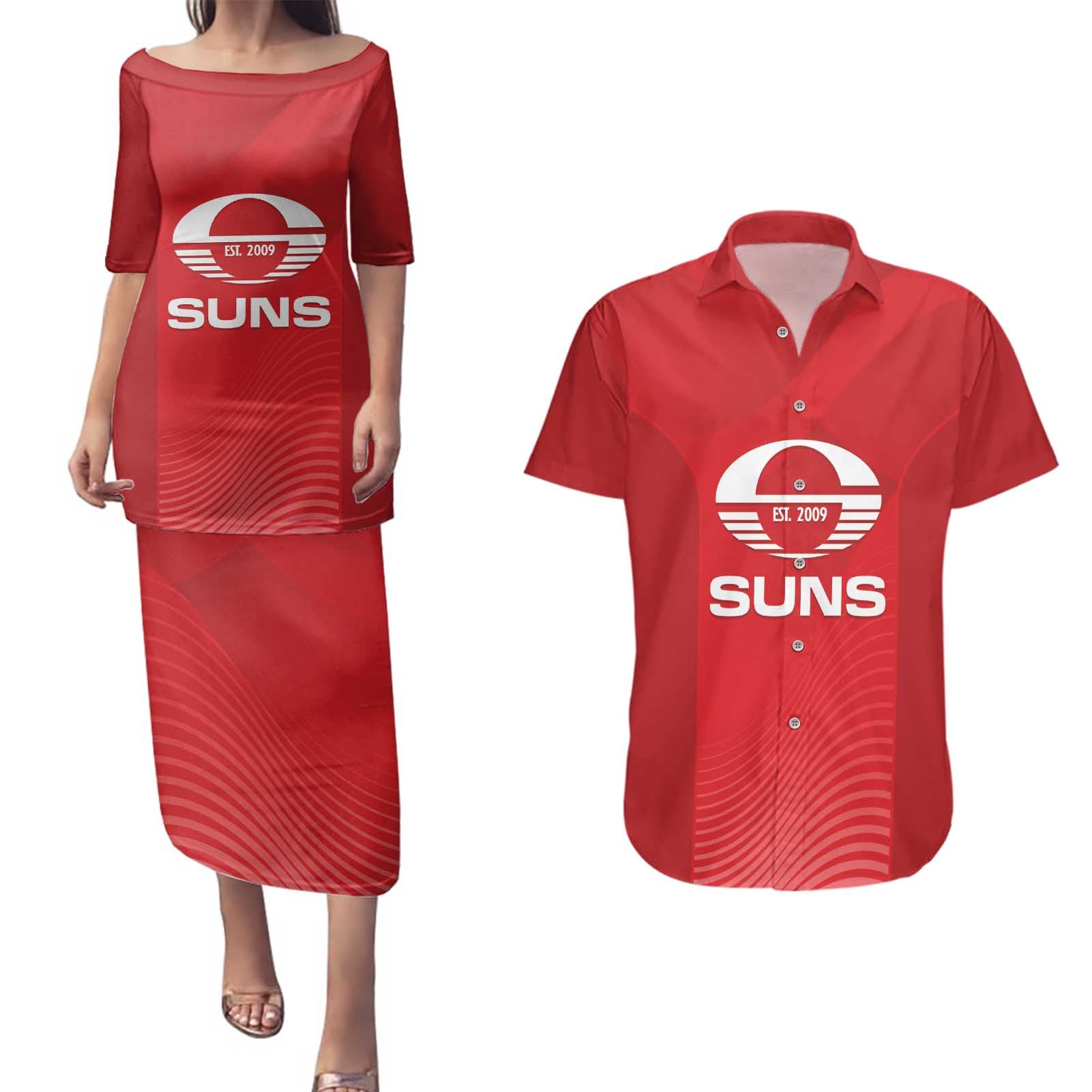 Suns Football Custom Couples Matching Puletasi and Hawaiian Shirt Gold Coast Est 2009 Deep Red - Aussie Hoodie