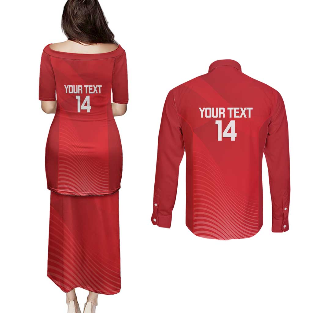 Suns Football Custom Couples Matching Puletasi and Long Sleeve Button Shirt Gold Coast Est 2009 Deep Red - Aussie Hoodie