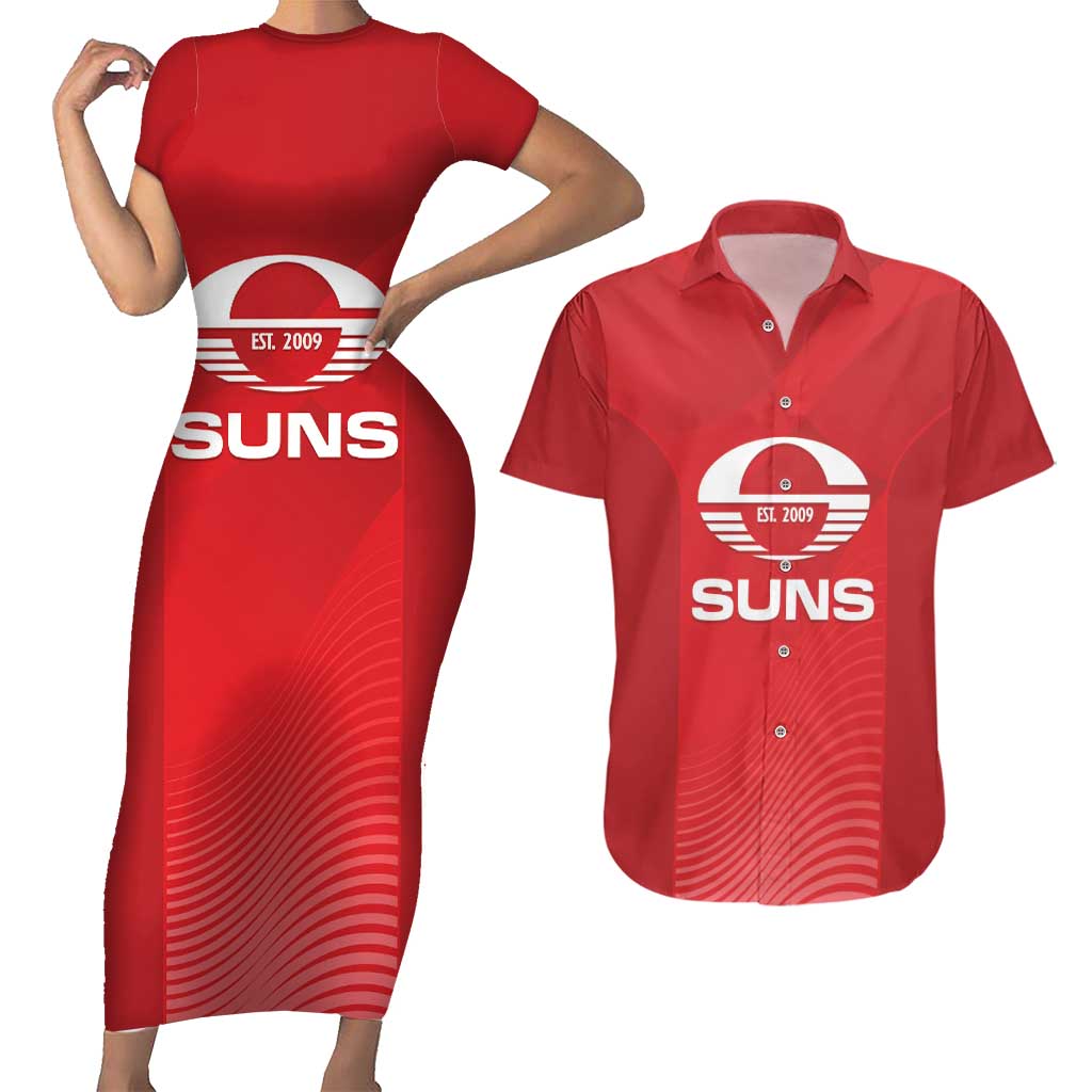 Suns Football Custom Couples Matching Short Sleeve Bodycon Dress and Hawaiian Shirt Gold Coast Est 2009 Deep Red - Aussie Hoodie
