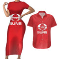 Suns Football Custom Couples Matching Short Sleeve Bodycon Dress and Hawaiian Shirt Gold Coast Est 2009 Deep Red - Aussie Hoodie