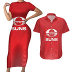 Suns Football Custom Couples Matching Short Sleeve Bodycon Dress and Hawaiian Shirt Gold Coast Est 2009 Deep Red - Aussie Hoodie