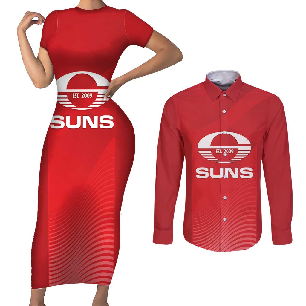 Suns Football Custom Couples Matching Short Sleeve Bodycon Dress and Long Sleeve Button Shirt Gold Coast Est 2009 Deep Red - Aussie Hoodie
