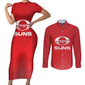 Suns Football Custom Couples Matching Short Sleeve Bodycon Dress and Long Sleeve Button Shirt Gold Coast Est 2009 Deep Red - Aussie Hoodie