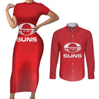 Suns Football Custom Couples Matching Short Sleeve Bodycon Dress and Long Sleeve Button Shirt Gold Coast Est 2009 Deep Red - Aussie Hoodie