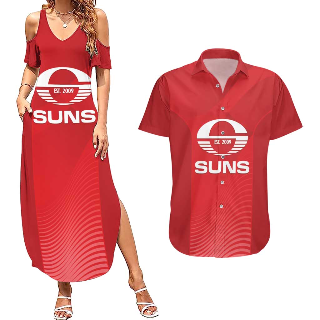 Suns Football Custom Couples Matching Summer Maxi Dress and Hawaiian Shirt Gold Coast Est 2009 Deep Red - Aussie Hoodie