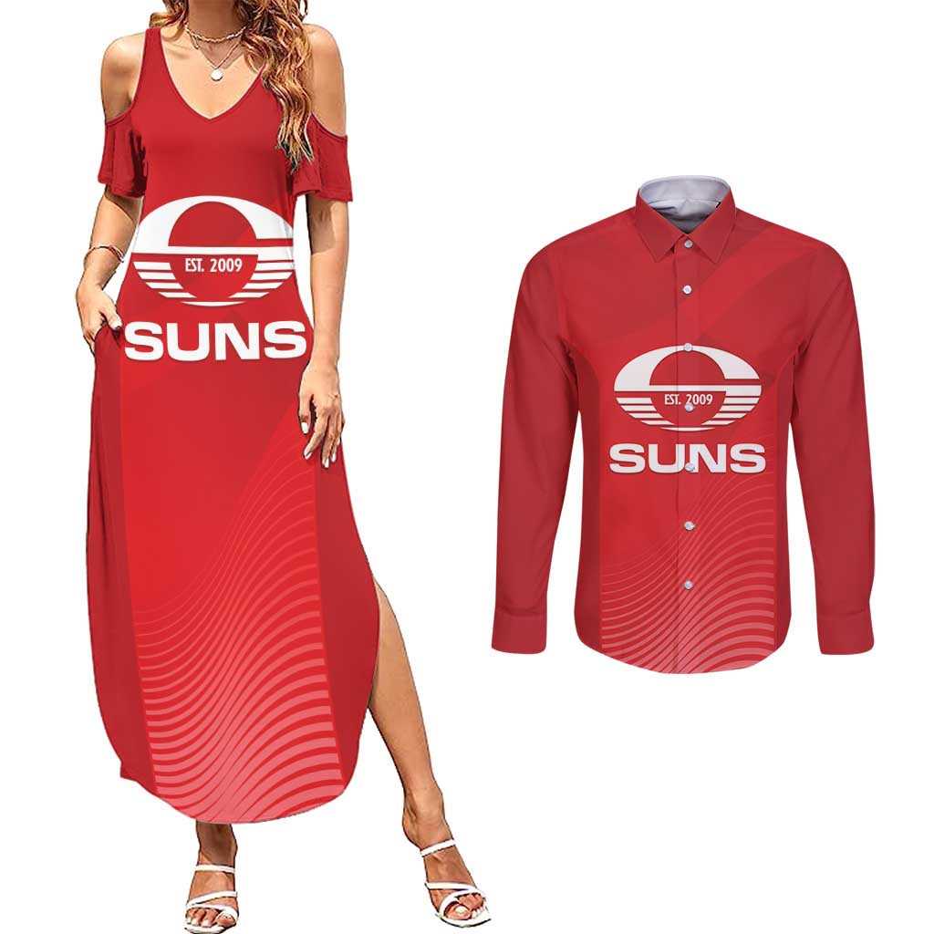 Suns Football Custom Couples Matching Summer Maxi Dress and Long Sleeve Button Shirt Gold Coast Est 2009 Deep Red - Aussie Hoodie