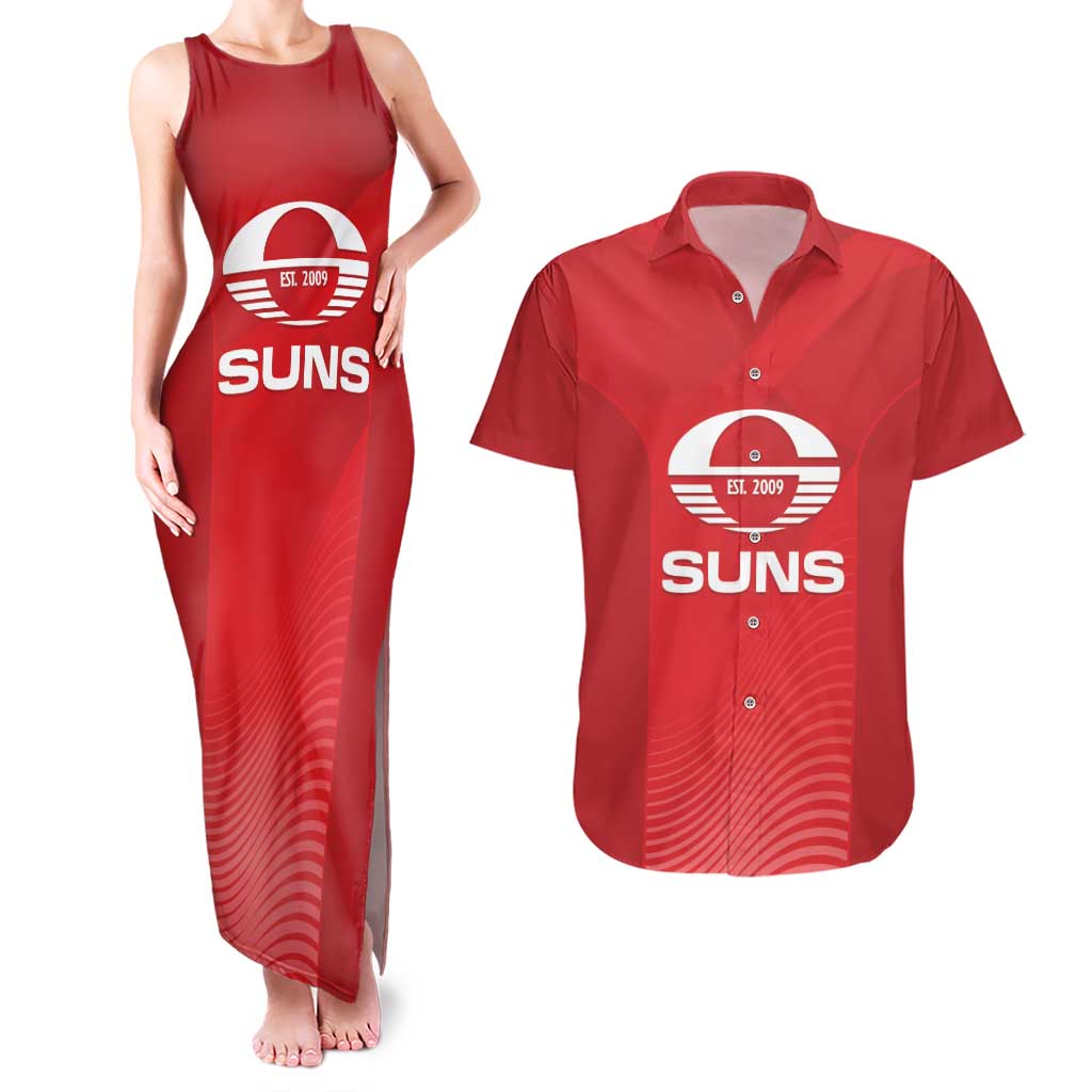 Suns Football Custom Couples Matching Tank Maxi Dress and Hawaiian Shirt Gold Coast Est 2009 Deep Red - Aussie Hoodie