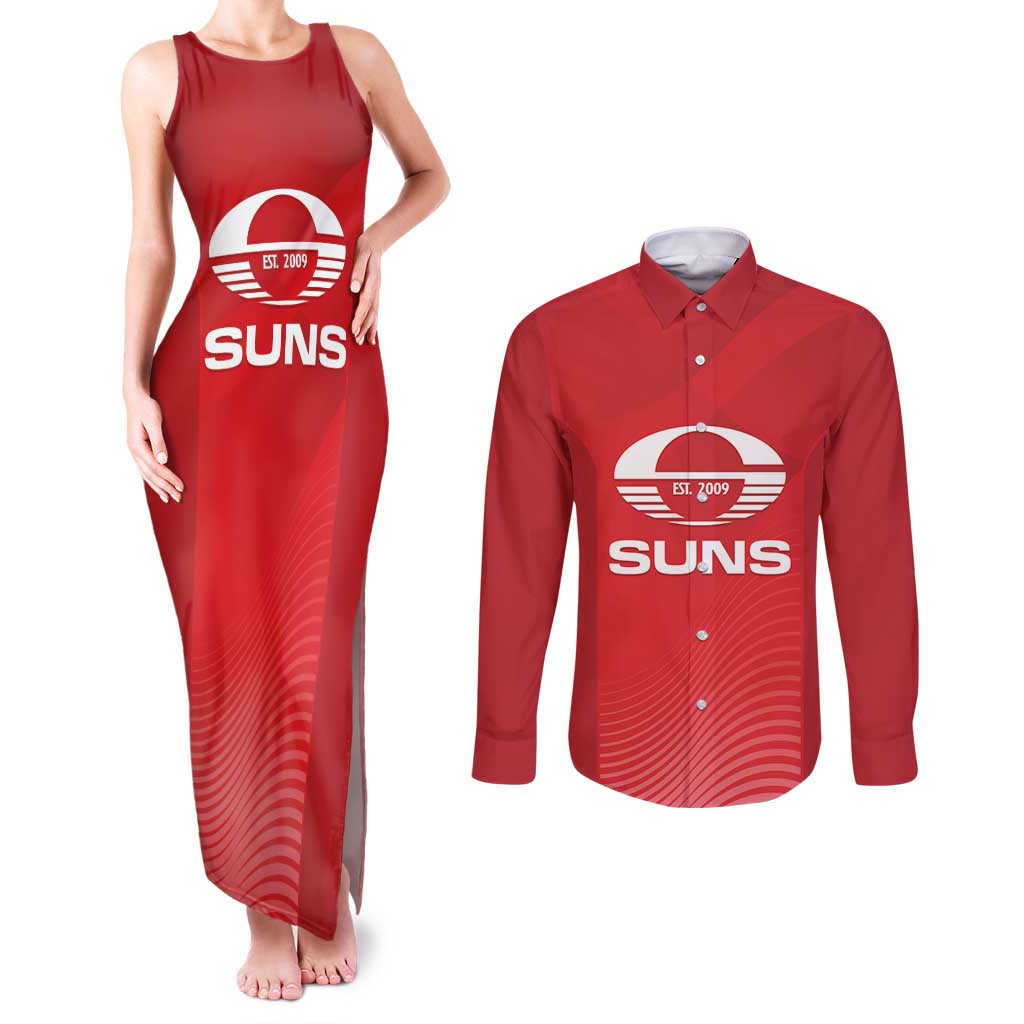 Suns Football Custom Couples Matching Tank Maxi Dress and Long Sleeve Button Shirt Gold Coast Est 2009 Deep Red - Aussie Hoodie