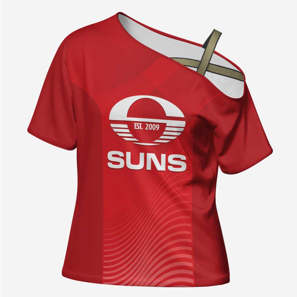 Suns Football Custom Cross Shoulder Shirt Gold Coast Est 2009 Deep Red - Aussie Hoodie