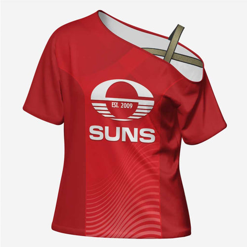 Suns Football Custom Cross Shoulder Shirt Gold Coast Est 2009 Deep Red - Aussie Hoodie