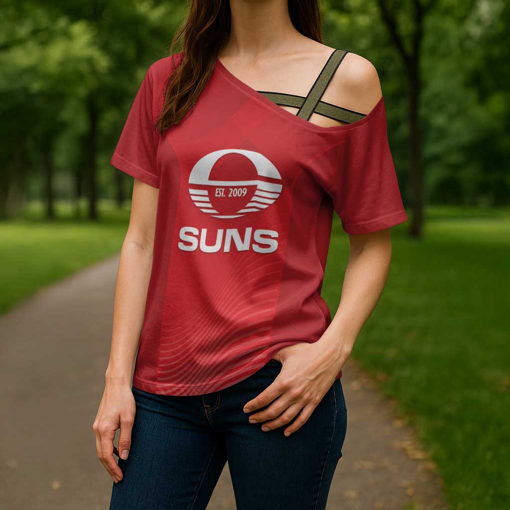 Suns Football Custom Cross Shoulder Shirt Gold Coast Est 2009 Deep Red - Aussie Hoodie