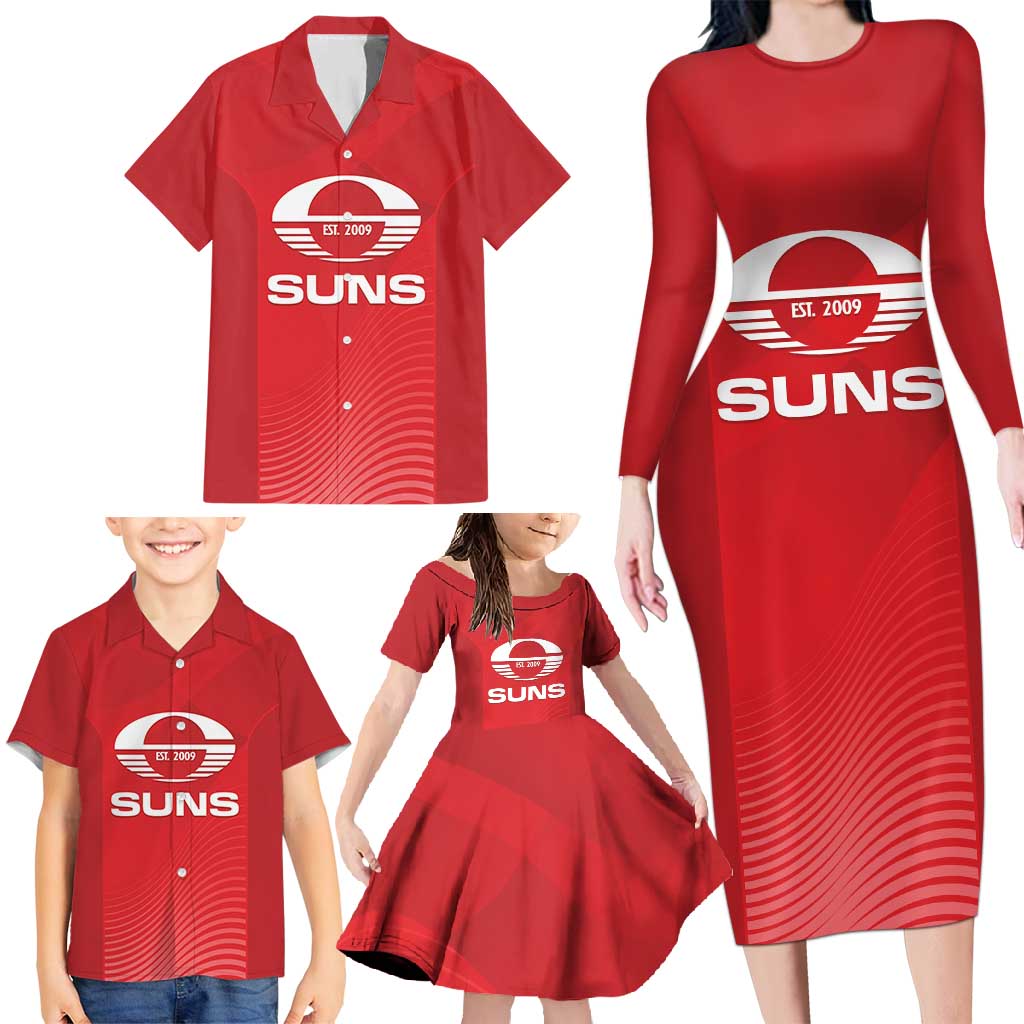 Suns Football Custom Family Matching Long Sleeve Bodycon Dress and Hawaiian Shirt Gold Coast Est 2009 Deep Red - Aussie Hoodie