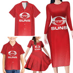 Suns Football Custom Family Matching Long Sleeve Bodycon Dress and Hawaiian Shirt Gold Coast Est 2009 Deep Red - Aussie Hoodie
