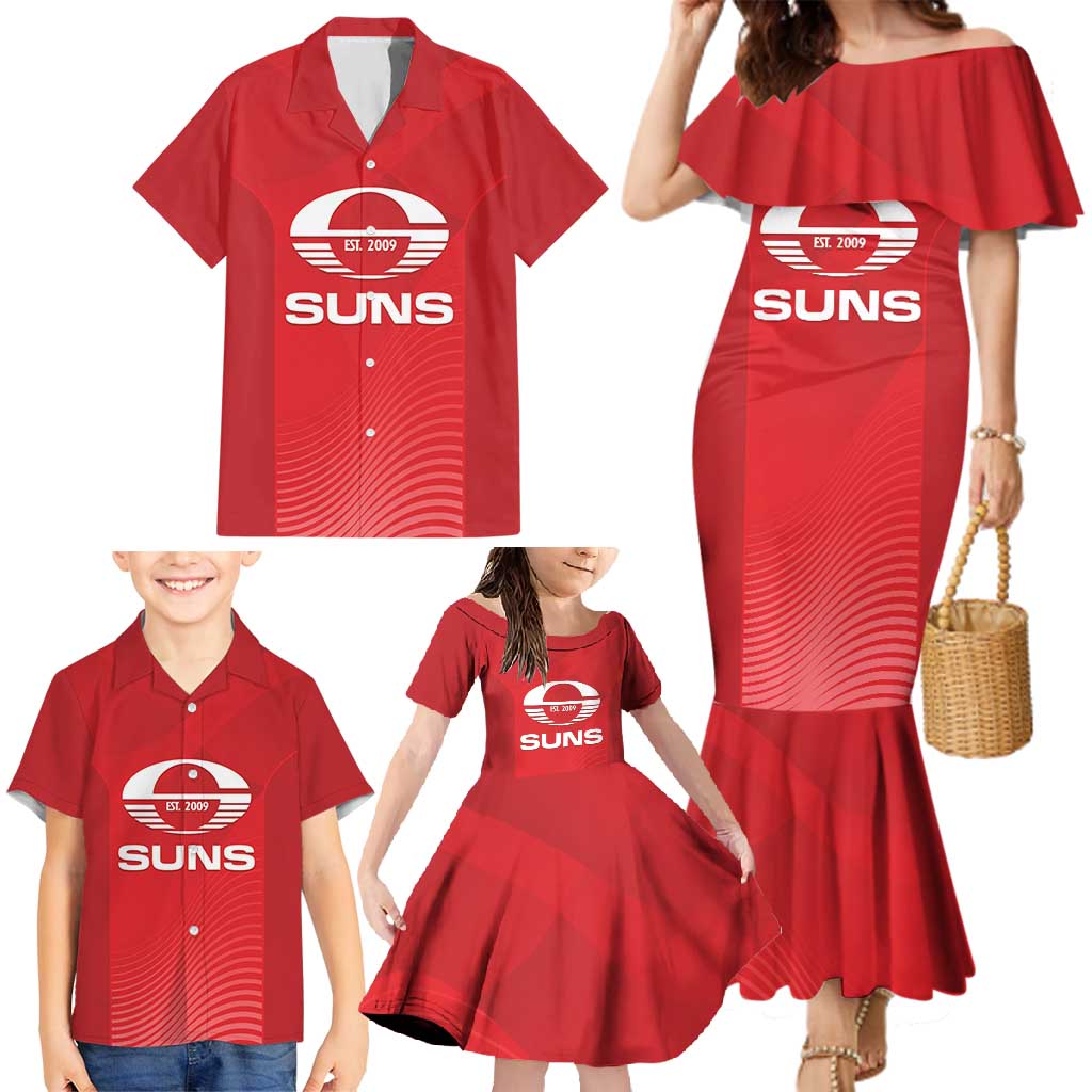 Suns Football Custom Family Matching Mermaid Dress and Hawaiian Shirt Gold Coast Est 2009 Deep Red - Aussie Hoodie