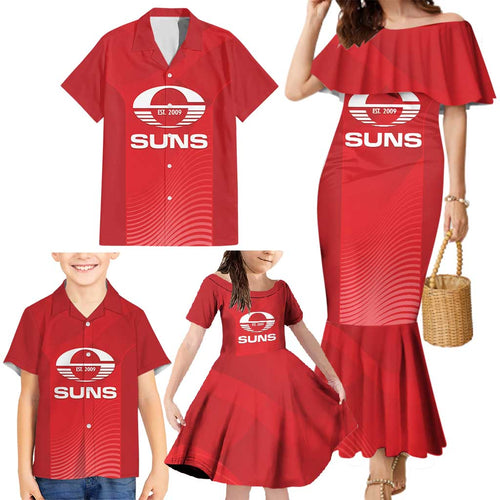 Suns Football Custom Family Matching Mermaid Dress and Hawaiian Shirt Gold Coast Est 2009 Deep Red - Aussie Hoodie