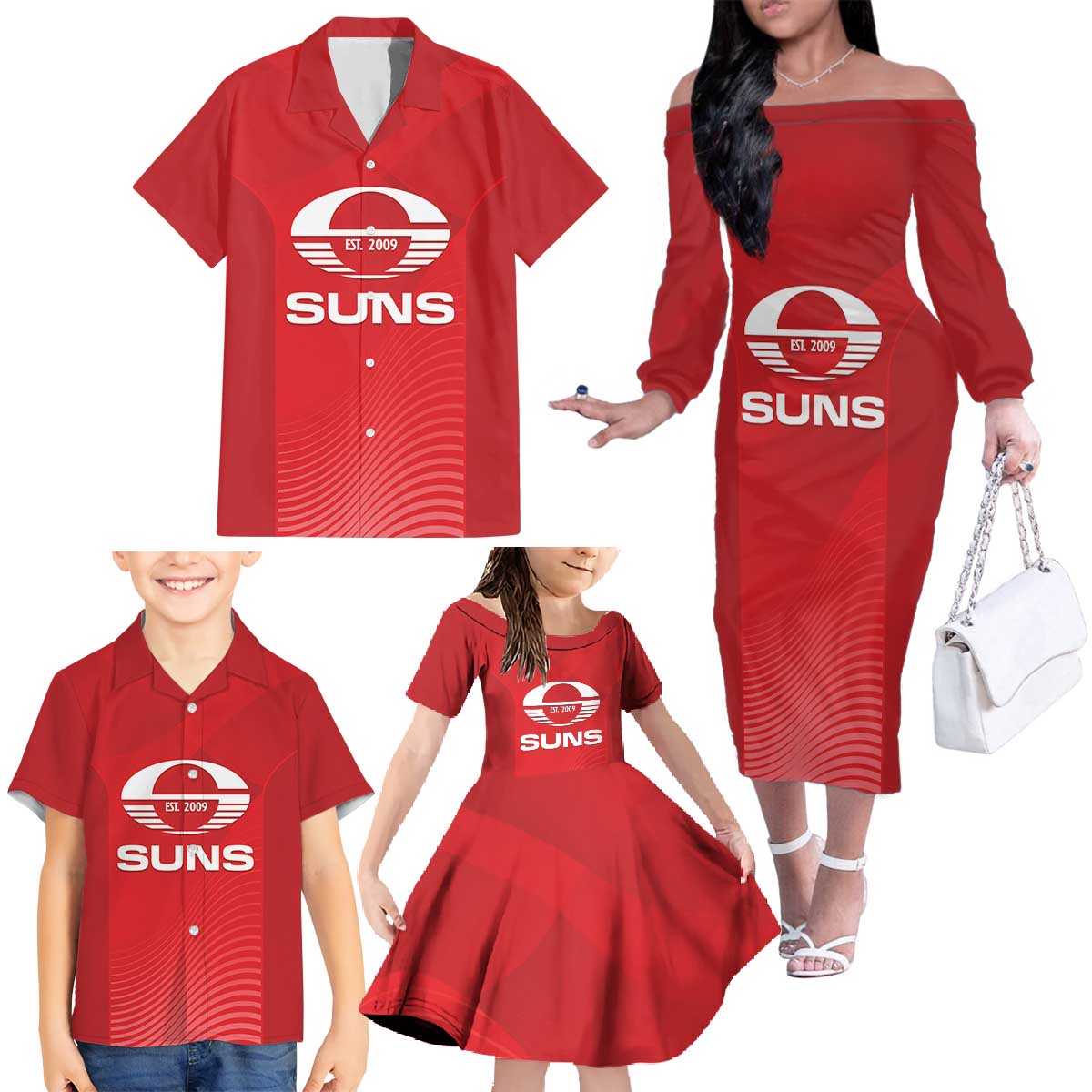 Suns Football Custom Family Matching Off The Shoulder Long Sleeve Dress and Hawaiian Shirt Gold Coast Est 2009 Deep Red - Aussie Hoodie