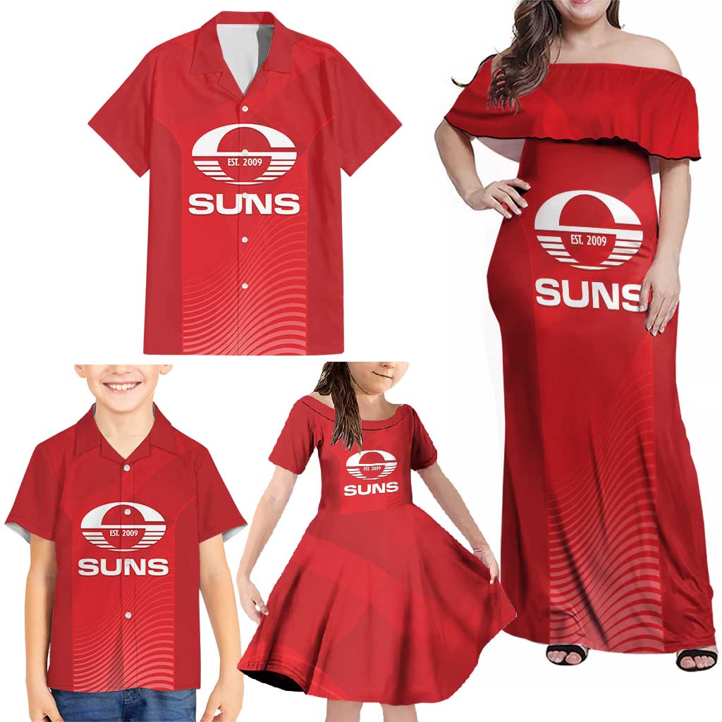 Suns Football Custom Family Matching Off Shoulder Maxi Dress and Hawaiian Shirt Gold Coast Est 2009 Deep Red - Aussie Hoodie