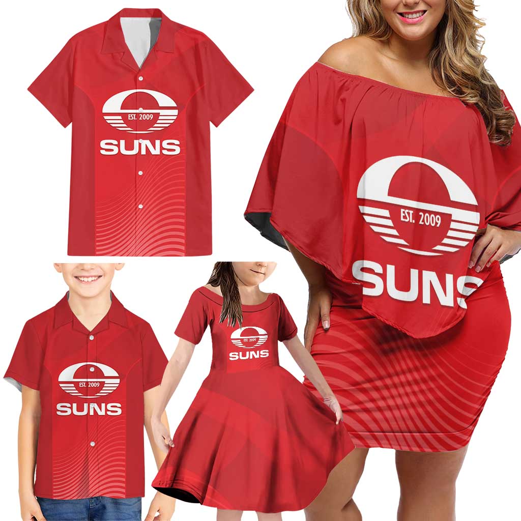 Suns Football Custom Family Matching Off Shoulder Short Dress and Hawaiian Shirt Gold Coast Est 2009 Deep Red - Aussie Hoodie