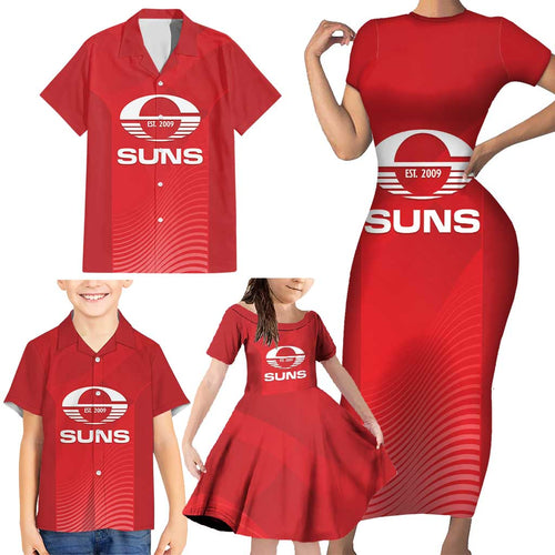Suns Football Custom Family Matching Short Sleeve Bodycon Dress and Hawaiian Shirt Gold Coast Est 2009 Deep Red - Aussie Hoodie