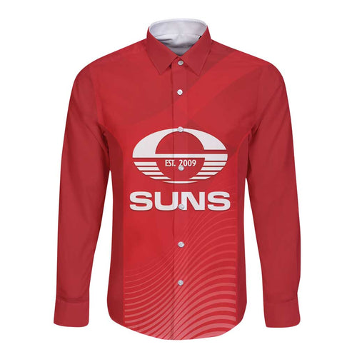 Suns Football Custom Long Sleeve Button Shirt Gold Coast Est 2009 Deep Red - Aussie Hoodie