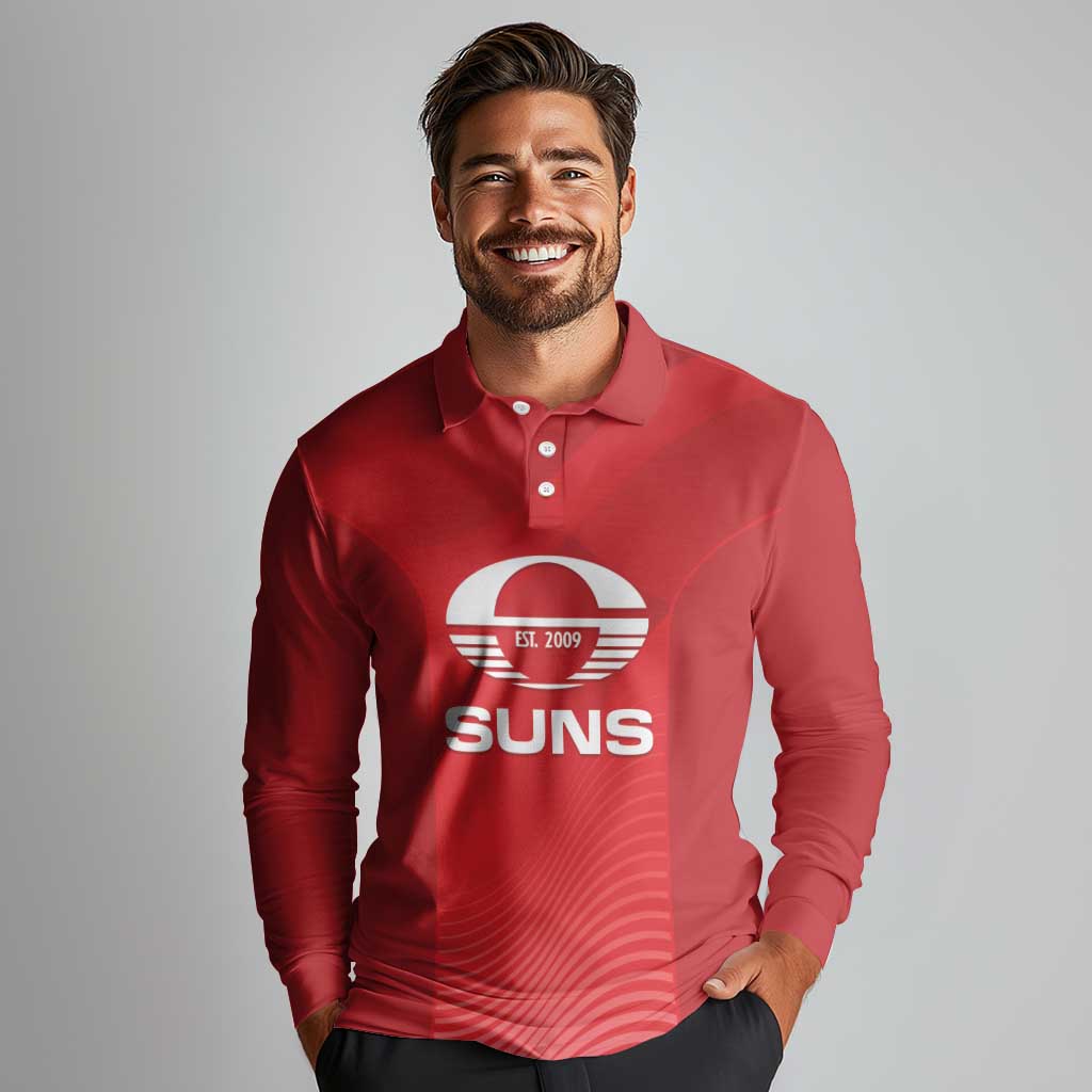 Suns Football Custom Long Sleeve Polo Shirt Gold Coast Est 2009 Deep Red - Aussie Hoodie