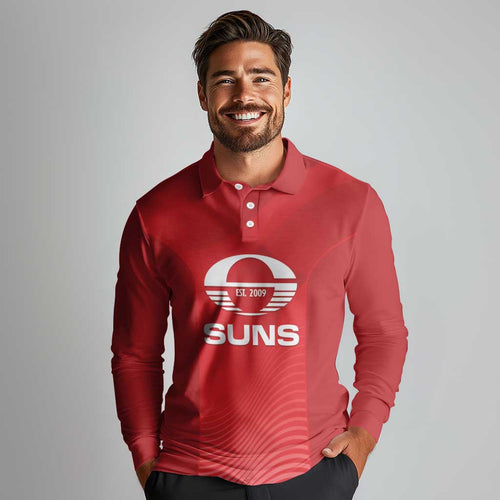 Suns Football Custom Long Sleeve Polo Shirt Gold Coast Est 2009 Deep Red - Aussie Hoodie
