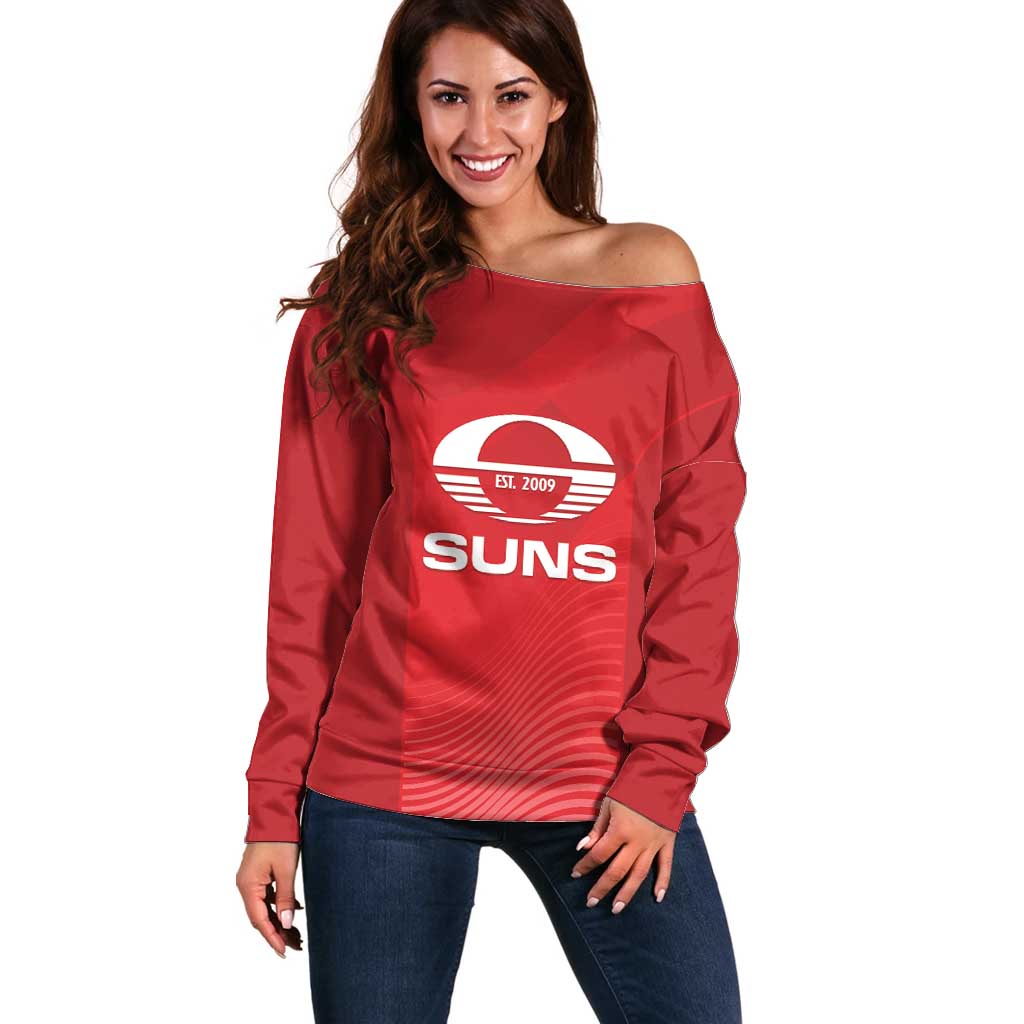Suns Football Custom Off Shoulder Sweater Gold Coast Est 2009 Deep Red - Aussie Hoodie