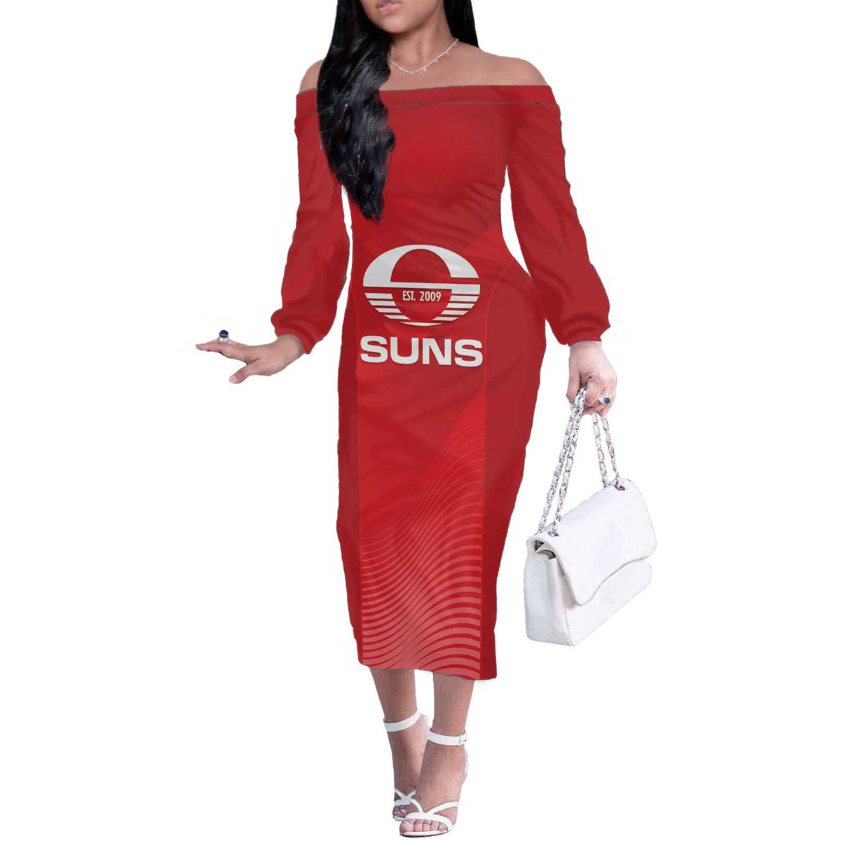 Suns Football Custom Off The Shoulder Long Sleeve Dress Gold Coast Est 2009 Deep Red - Aussie Hoodie