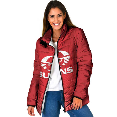 Suns Football Custom Padded Jacket Gold Coast Est 2009 Deep Red - Aussie Hoodie