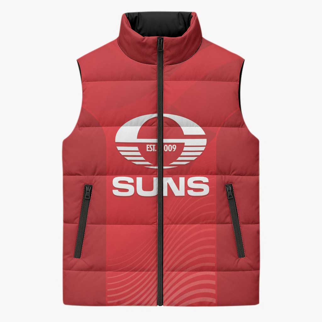Suns Football Custom Sleeveless Puffer Jacket Gold Coast Est 2009 Deep Red - Aussie Hoodie