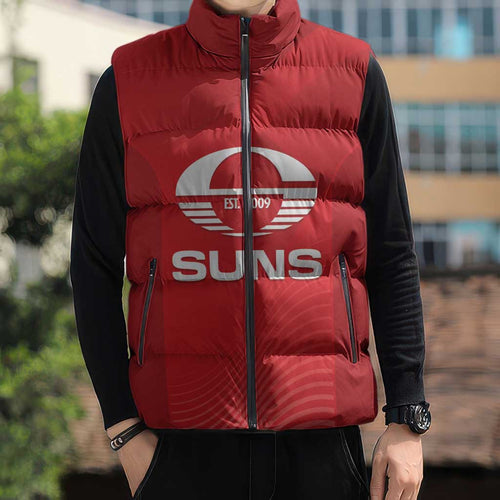 Suns Football Custom Sleeveless Puffer Jacket Gold Coast Est 2009 Deep Red - Aussie Hoodie