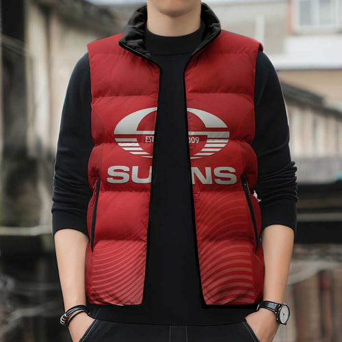 Suns Football Custom Sleeveless Puffer Jacket Gold Coast Est 2009 Deep Red - Aussie Hoodie